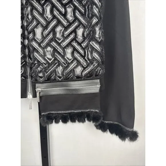 Save the Queen Italy Faux Leather Jacket Womens Medium Black Faux Fur Geometric - Picture 5 of 13